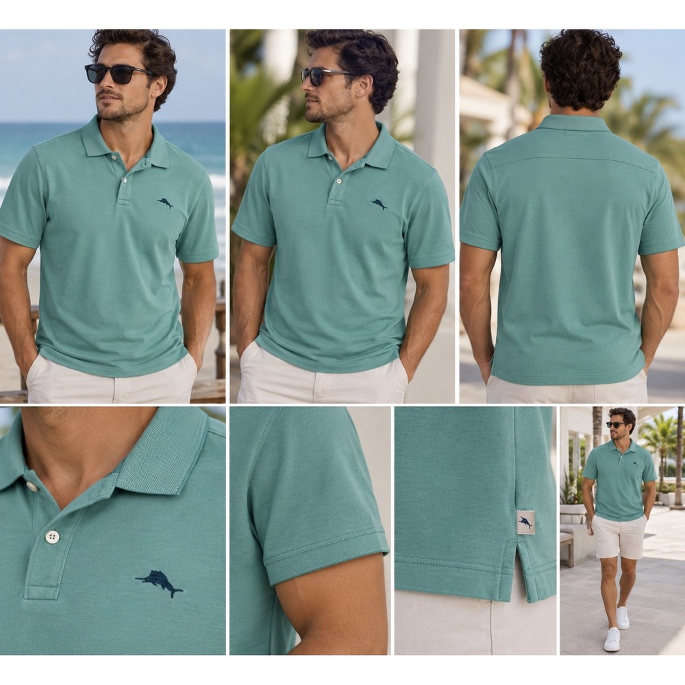 Tommy Bahama Mens XL Seafoam Green Cotton Blend Short Sleeve Marlin Polo Shirt